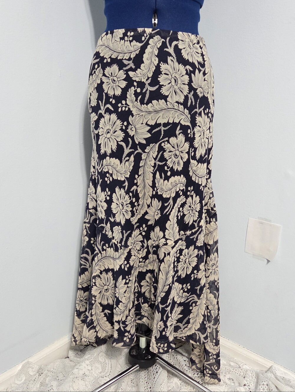 Vintage Navy Blue Floral Silk Maxi Skirt Size 16